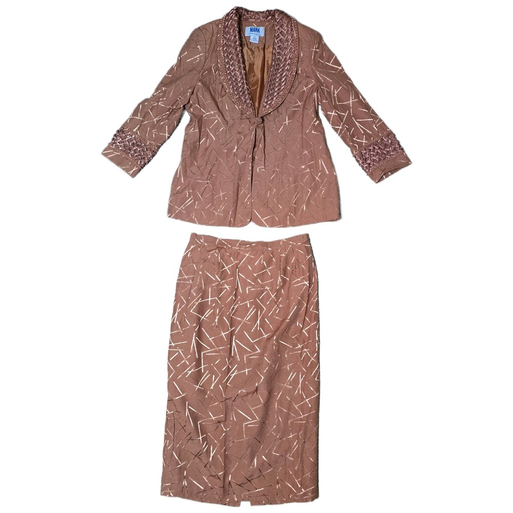 Mark Womens 16W Skirt Suit Set copper Metallic Pearl Woven Linen Blend, Easter